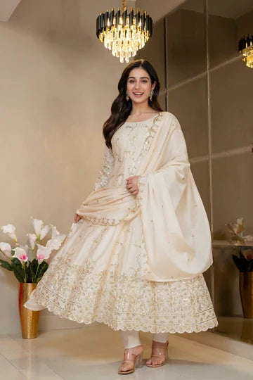 Premium Ivory Royal Zari Work Kali Cut Anarkali Suit Set