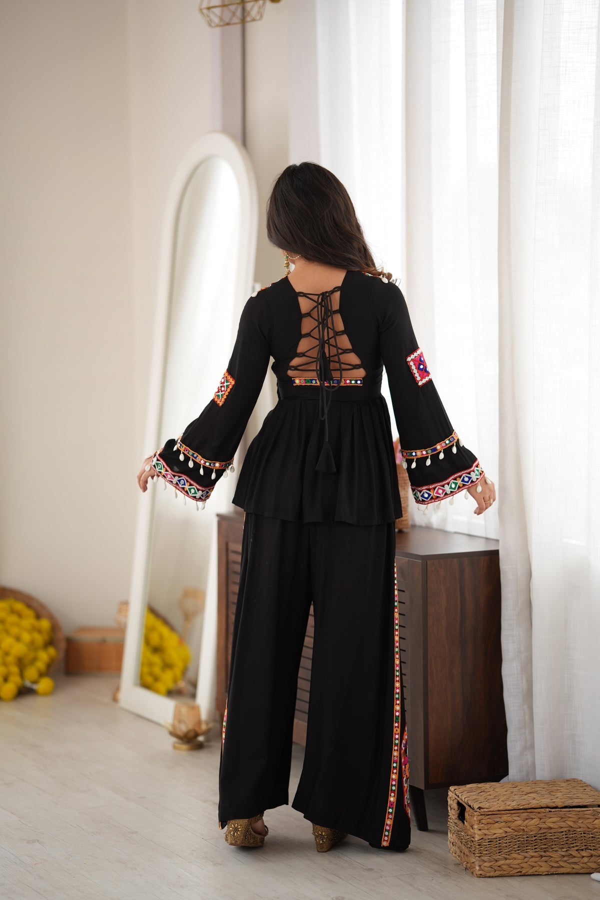 Designer Navratri Special Black Rayon Silk Embroidered Palazzo Suit with Mirror & Kodi Work