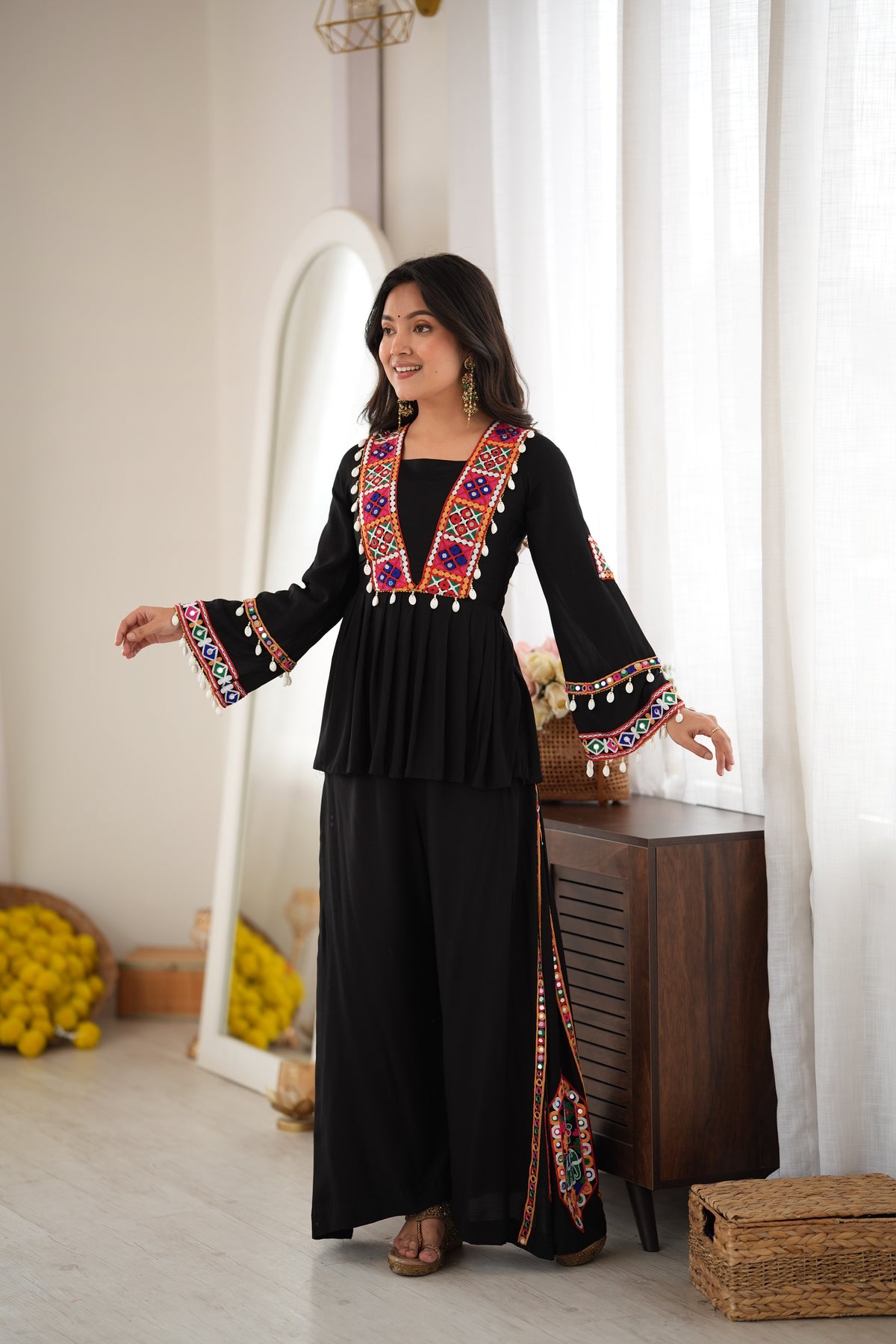Designer Navratri Special Black Rayon Silk Embroidered Palazzo Suit with Mirror & Kodi Work
