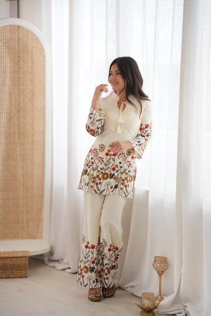 Ivory Floral Printed Magic Slub Cotton Kurta Pant Set for Women Ready to Wear Co-Ord Set