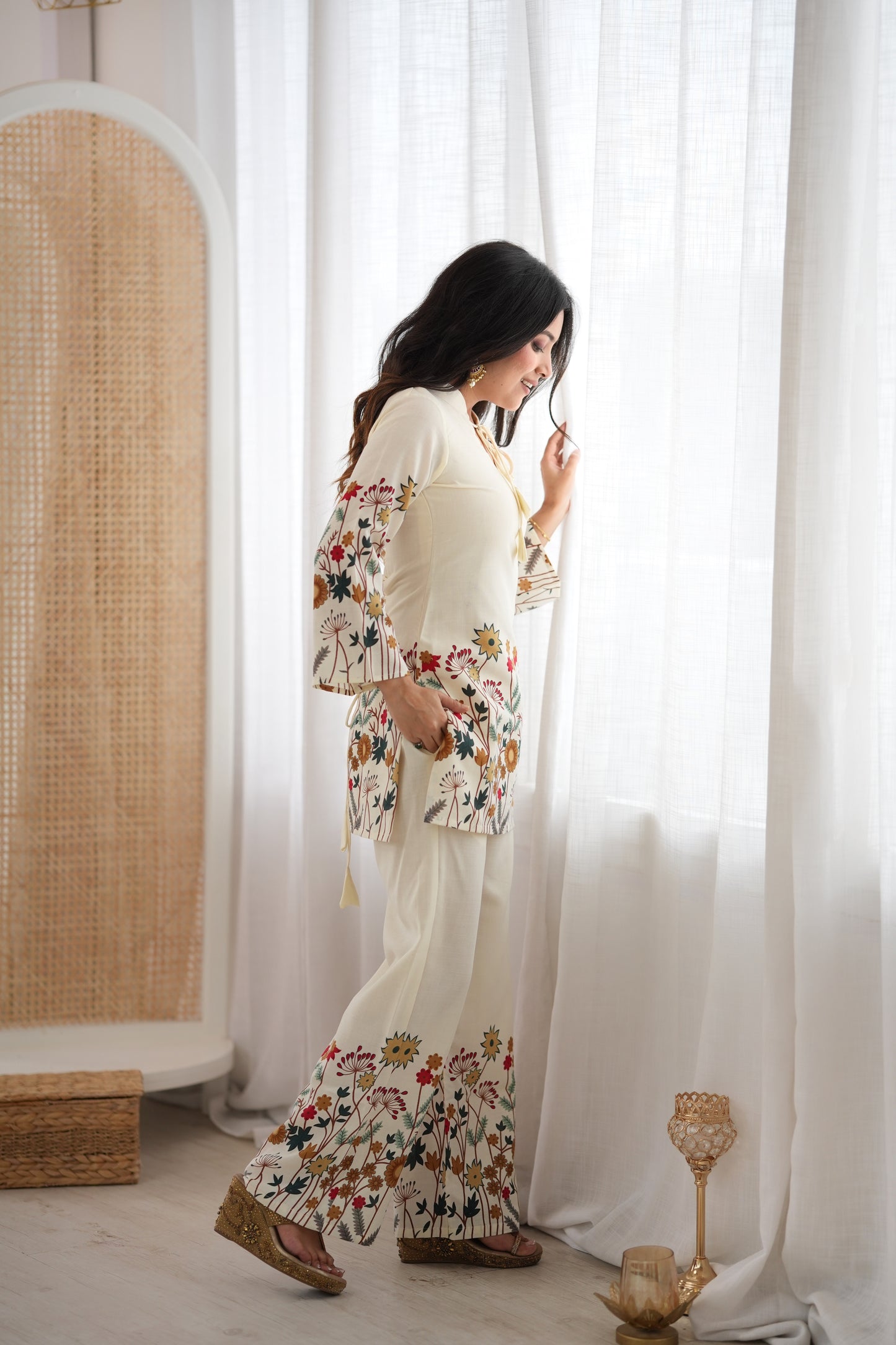 Ivory Floral Printed Magic Slub Cotton Kurta Pant Set for Women Ready to Wear Co-Ord Set