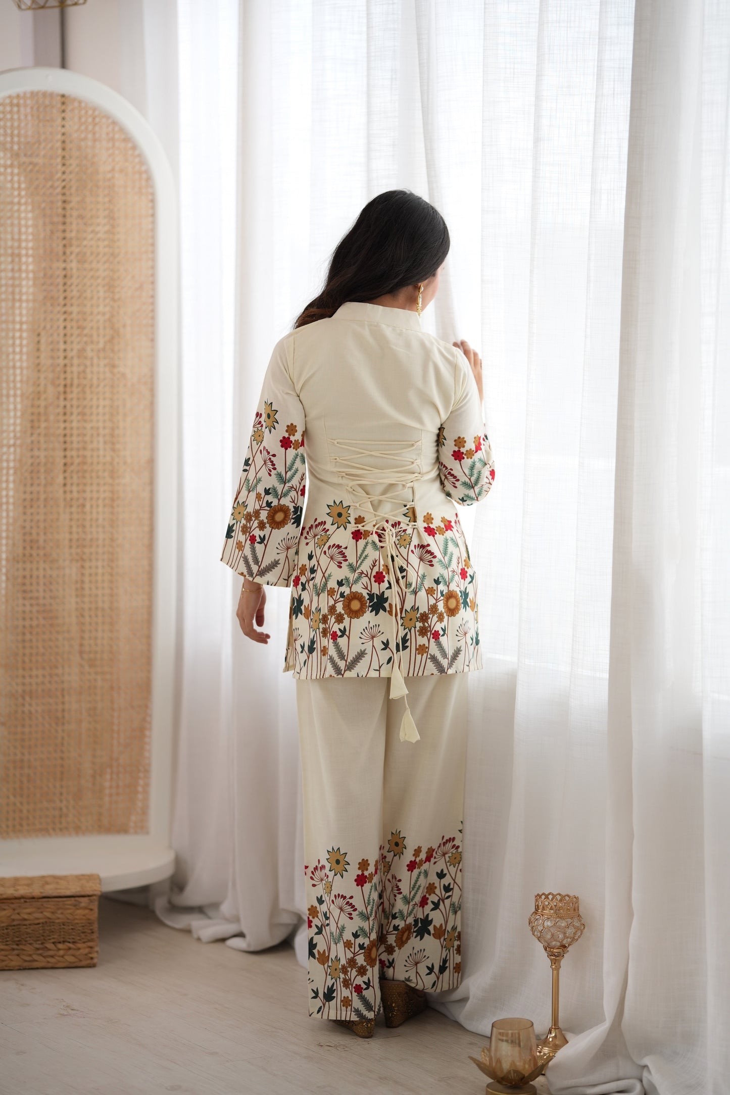 Ivory Floral Printed Magic Slub Cotton Kurta Pant Set for Women Ready to Wear Co-Ord Set