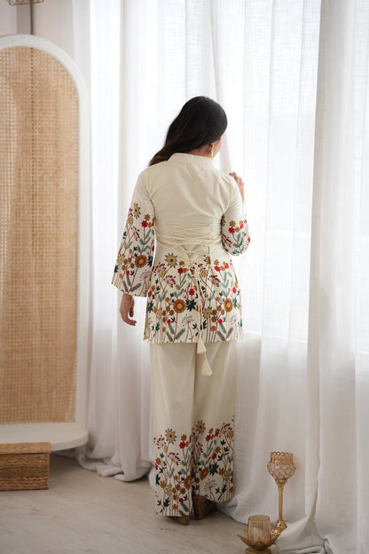Ivory Floral Printed Magic Slub Cotton Kurta Pant Set for Women Ready to Wear Co-Ord Set