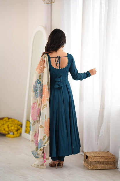 Teal Blue Pearl Lace Detail Pure Roman Silk Anarkali Gown with Printed Dupatta