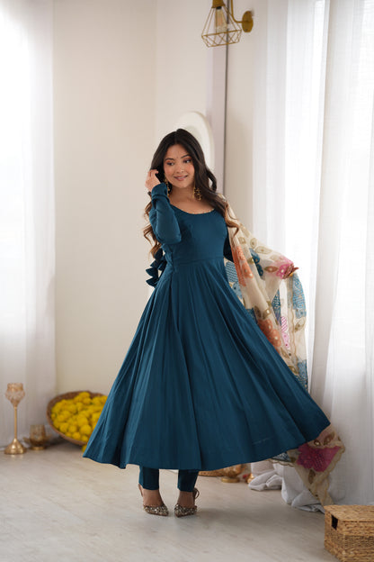 Teal Blue Pearl Lace Detail Pure Roman Silk Anarkali Gown with Printed Dupatta