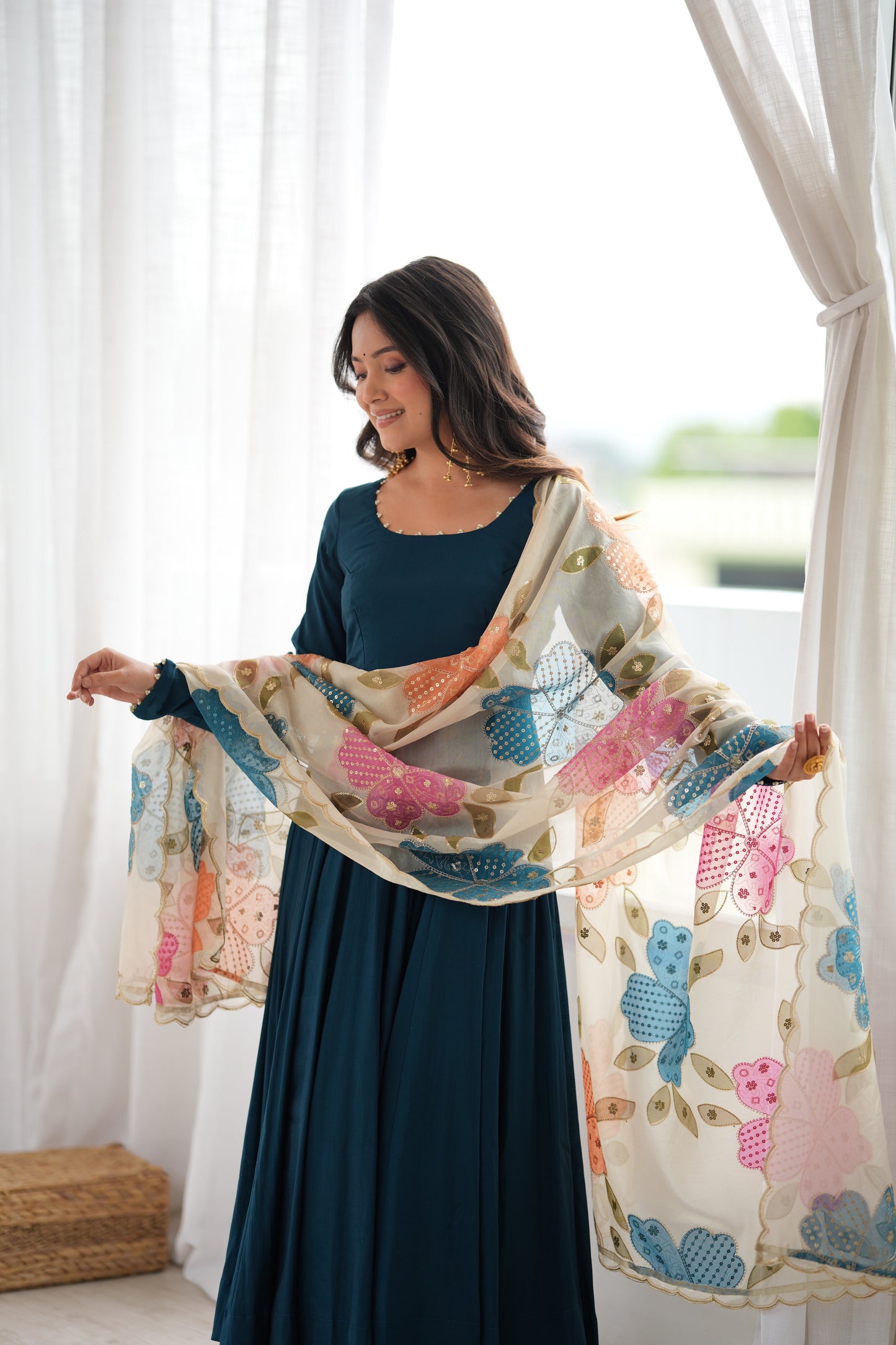 Teal Blue Pearl Lace Detail Pure Roman Silk Anarkali Gown with Printed Dupatta