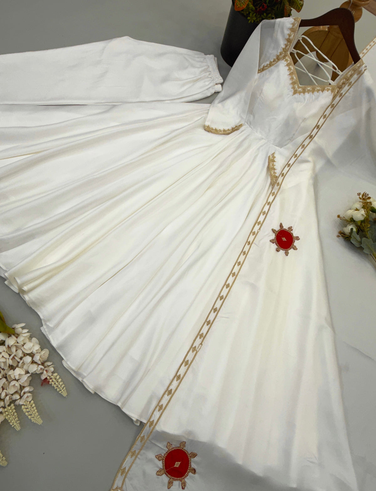 White Upada Silk Embroidered Gown Set