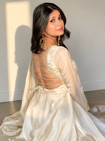 White Upada Silk Embroidered Gown Set