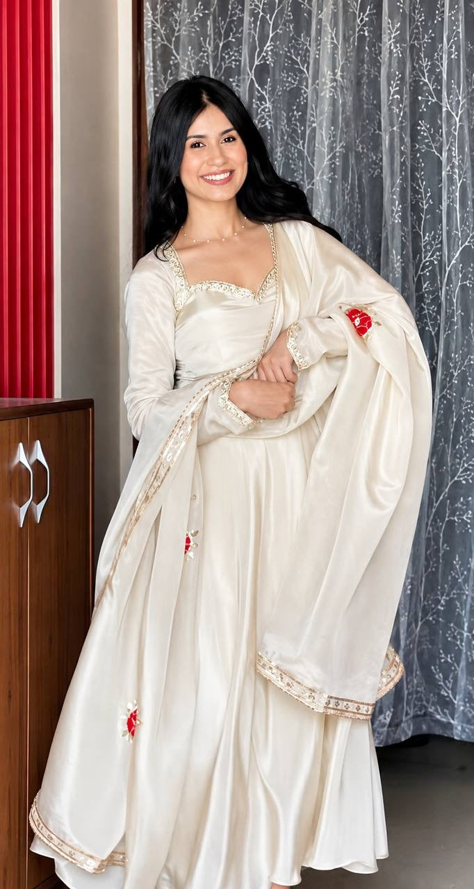 White Upada Silk Embroidered Gown Set