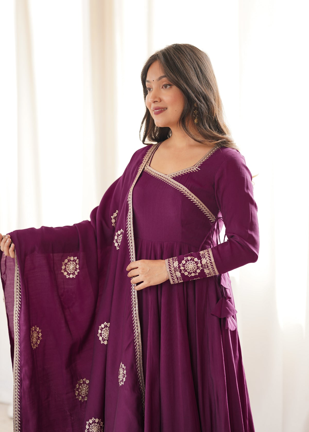 Wine Angrakha Style Chanderi Silk Anarkali Suit