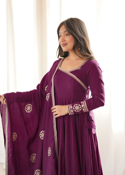 Wine Angrakha Style Chanderi Silk Anarkali Suit