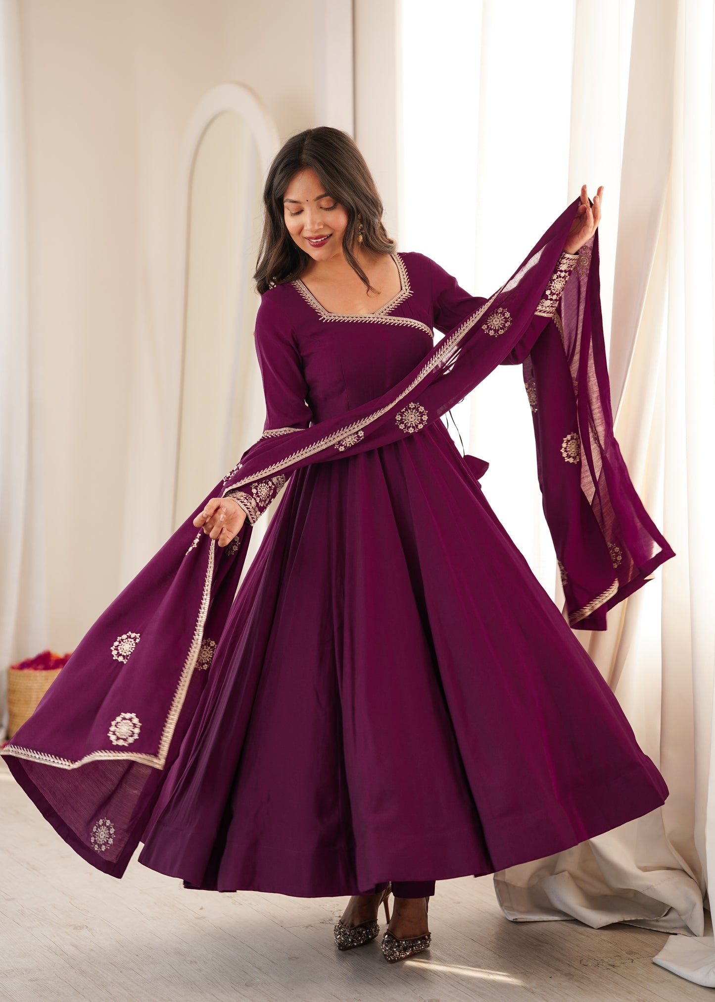 Wine Angrakha Style Chanderi Silk Anarkali Suit