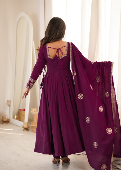 Wine Angrakha Style Chanderi Silk Anarkali Suit