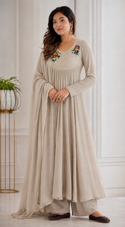 Beige Pure Chanderi Cotton Embroidered Gown With Pant & Dupatta