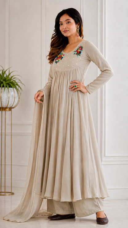 Beige Pure Chanderi Cotton Embroidered Gown With Pant & Dupatta