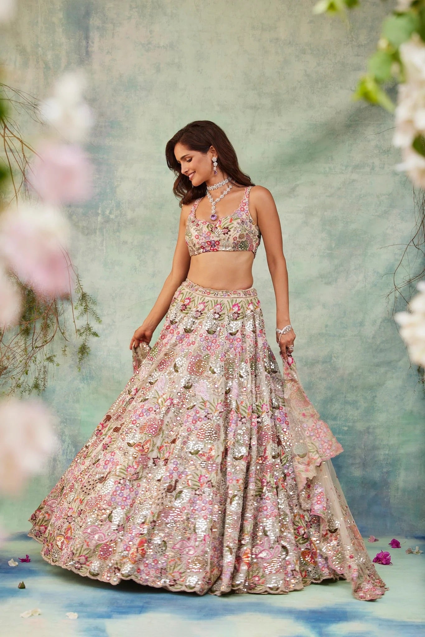 Multicolor Floral Embroidered Faux Georgette Lehenga Choli With Net Dupatta