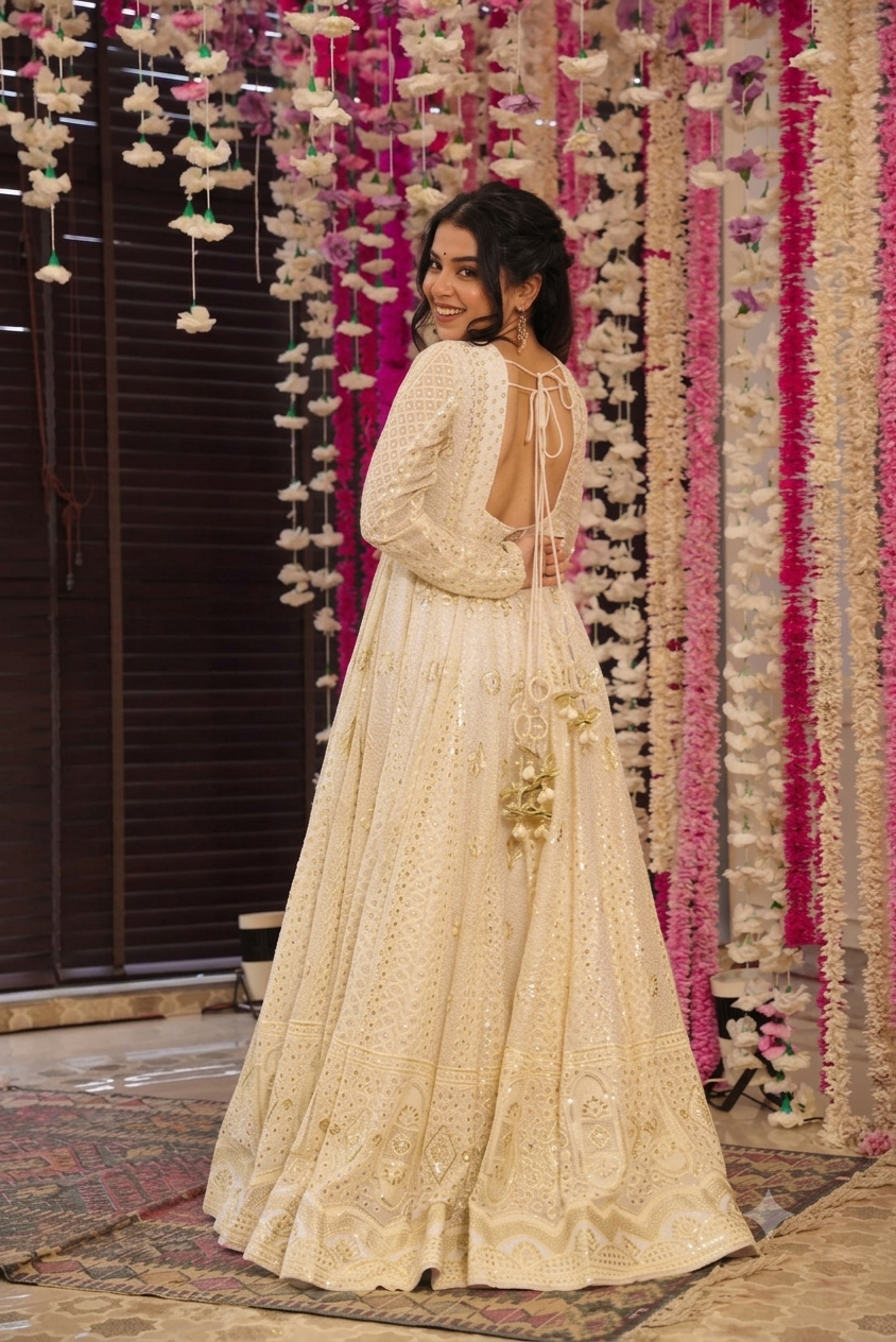 Off White Sequin Embroidered Anarkali Suit