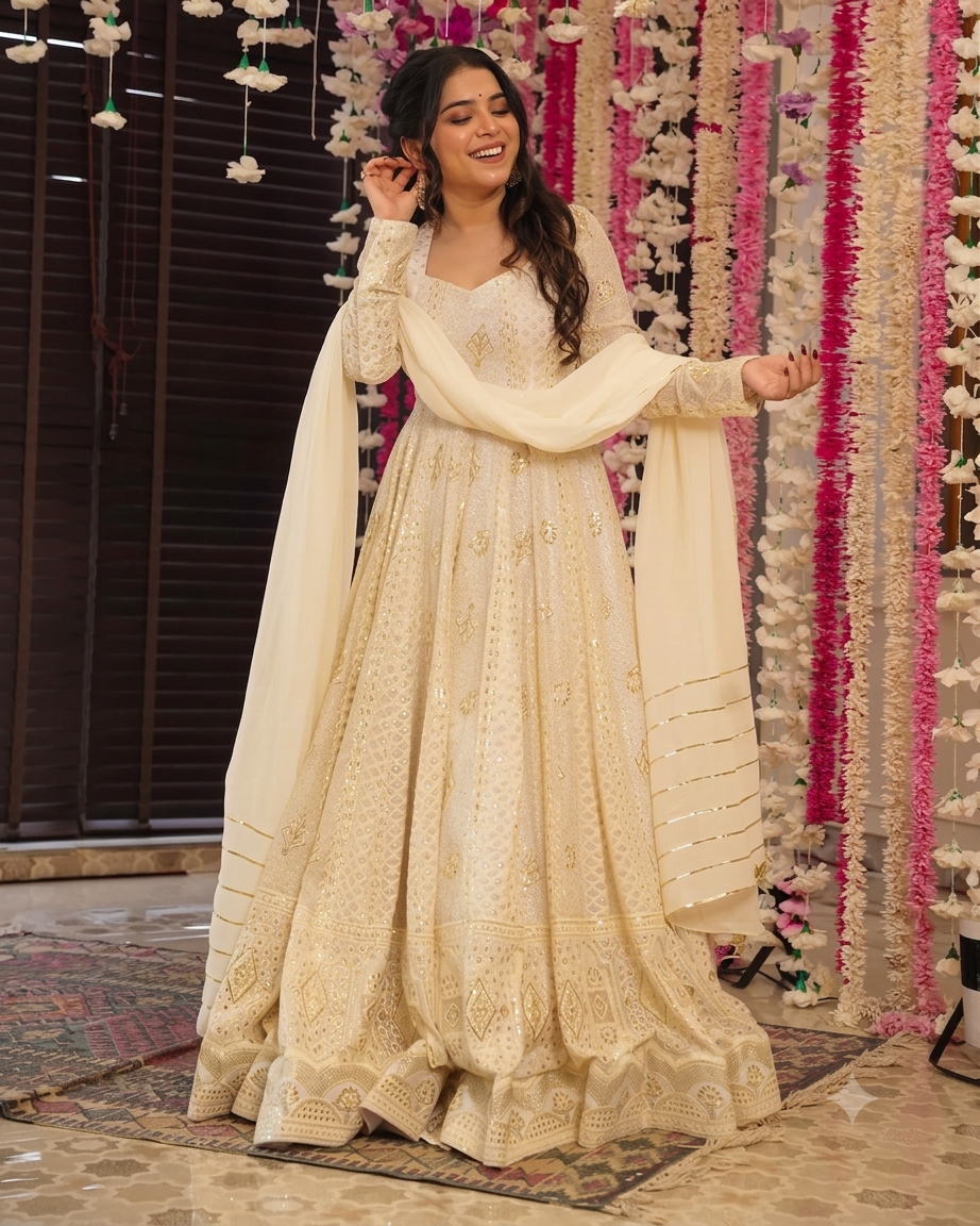 Off White Sequin Embroidered Anarkali Suit