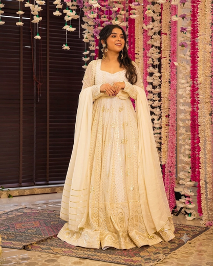 Off White Sequin Embroidered Anarkali Suit