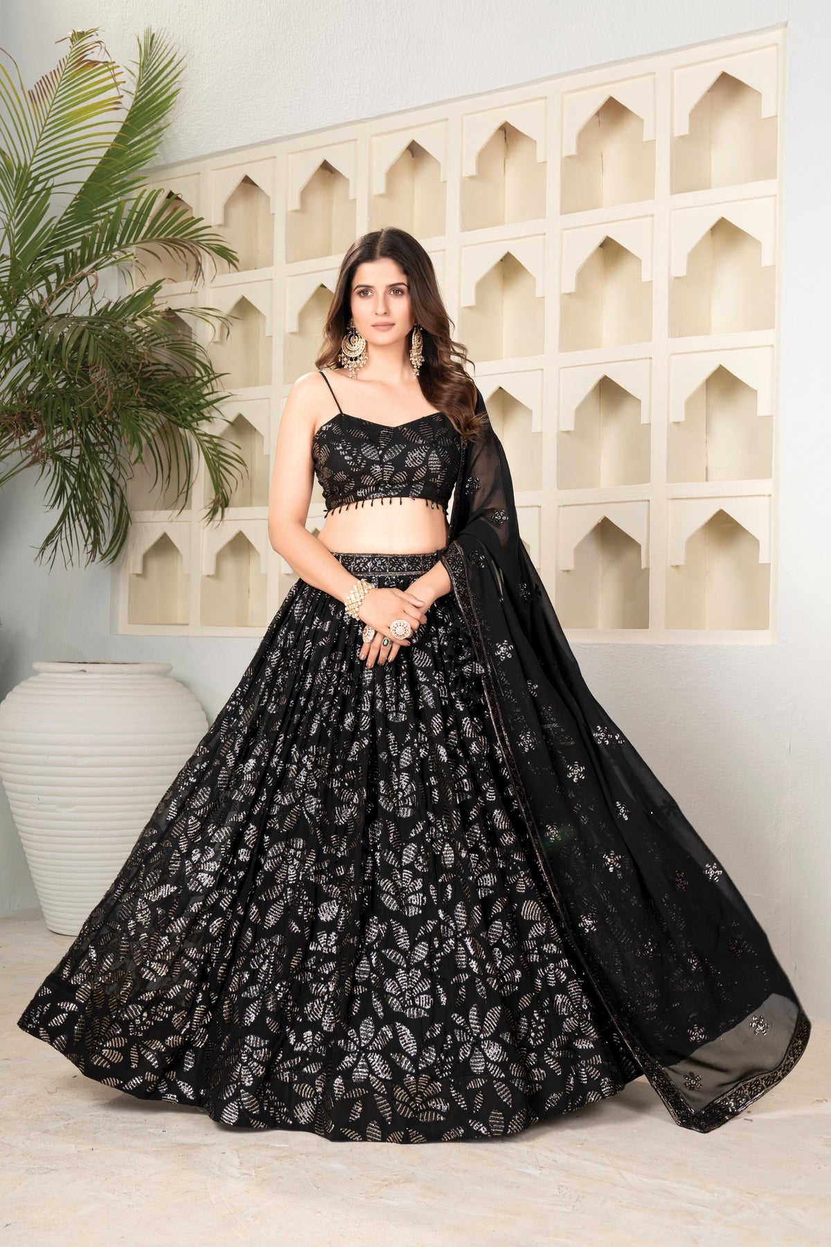 Designer Black Faux Blooming Sequin Work Lehenga Choli