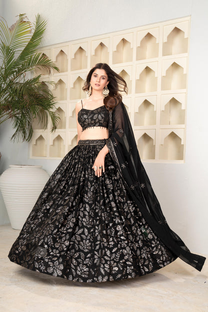 Designer Black Faux Blooming Sequin Work Lehenga Choli