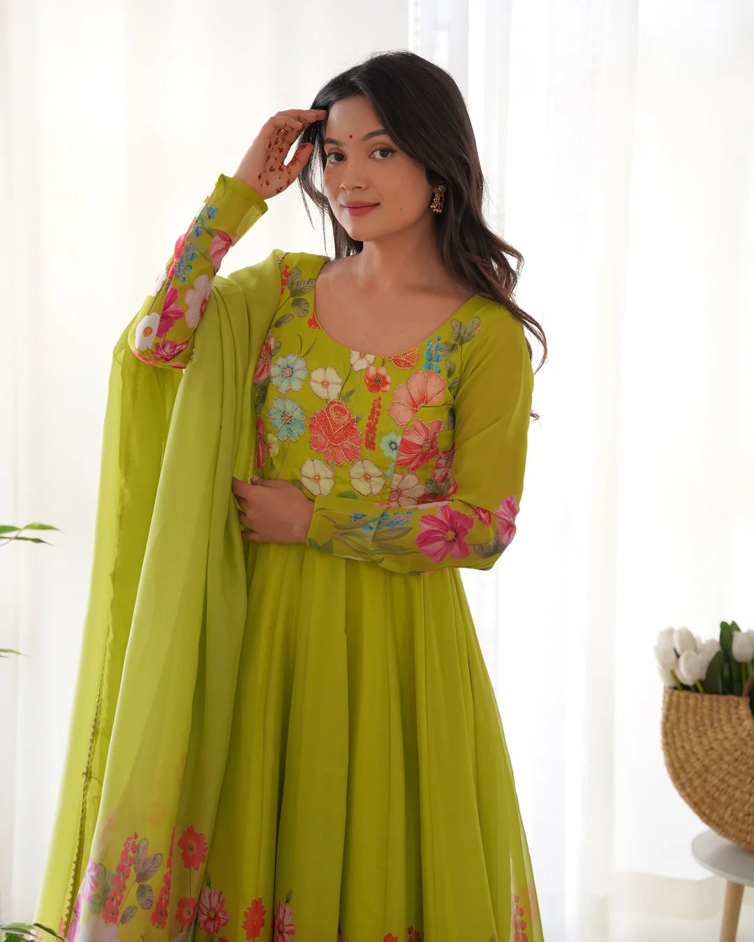 PRINTED ORGANZA ANARKALI SUIT SET WITH JARI WORK