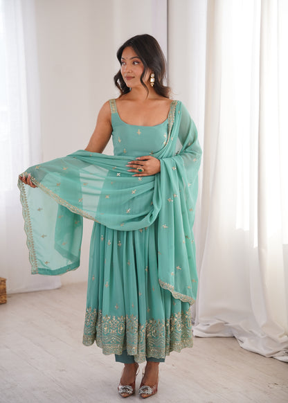 Embroidered Sequins Faux Georgette Anarkali Suit Set With Pant & Dupatta