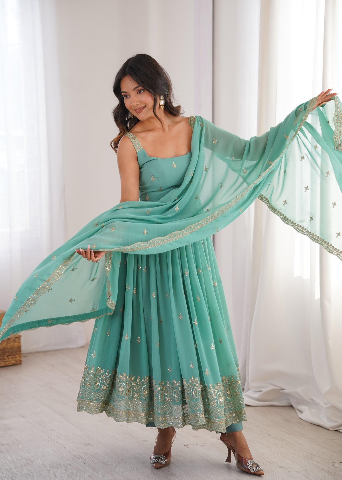 Embroidered Sequins Faux Georgette Anarkali Suit Set With Pant & Dupatta