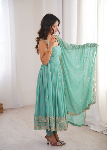 Embroidered Sequins Faux Georgette Anarkali Suit Set With Pant & Dupatta