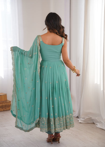 Embroidered Sequins Faux Georgette Anarkali Suit Set With Pant & Dupatta