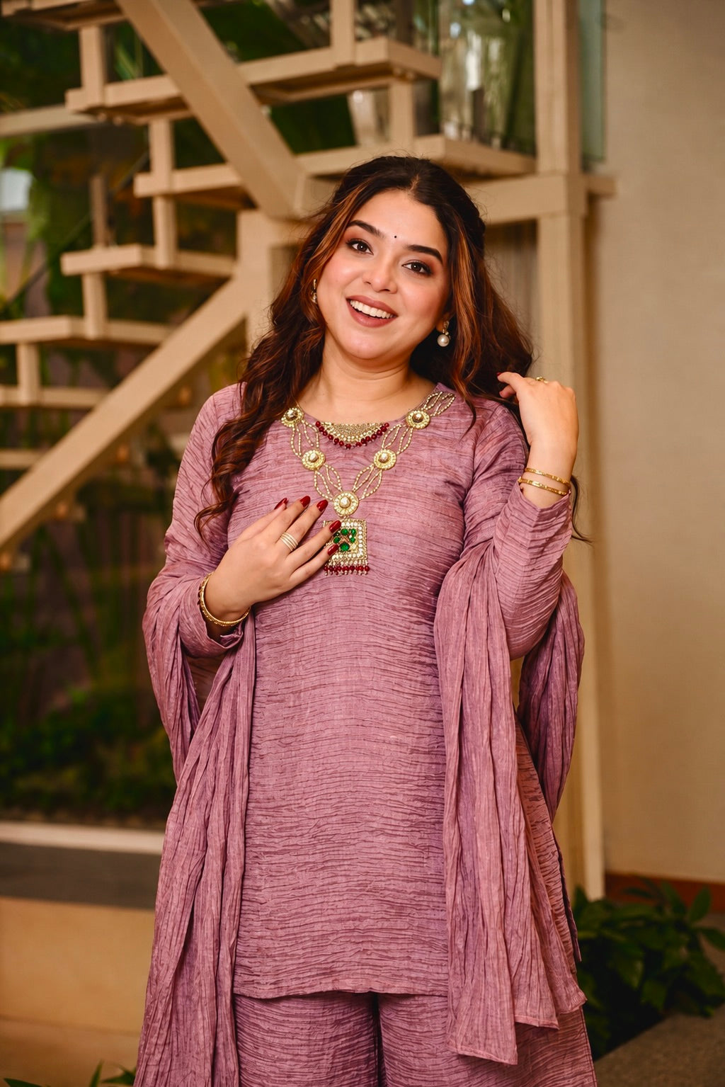Mauve Pink Pure Salsa Crush Silk Embroidered Top Palazzo Dupatta Set
