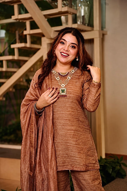 Copper Brown Pure Salsa Crush Silk Embroidered Top Palazzo Dupatta Set