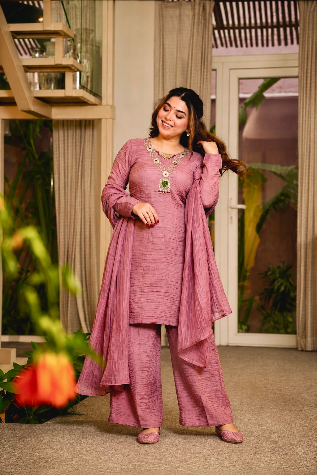 Mauve Pink Pure Salsa Crush Silk Embroidered Top Palazzo Dupatta Set