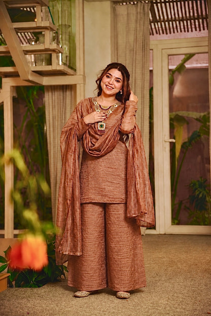 Copper Brown Pure Salsa Crush Silk Embroidered Top Palazzo Dupatta Set