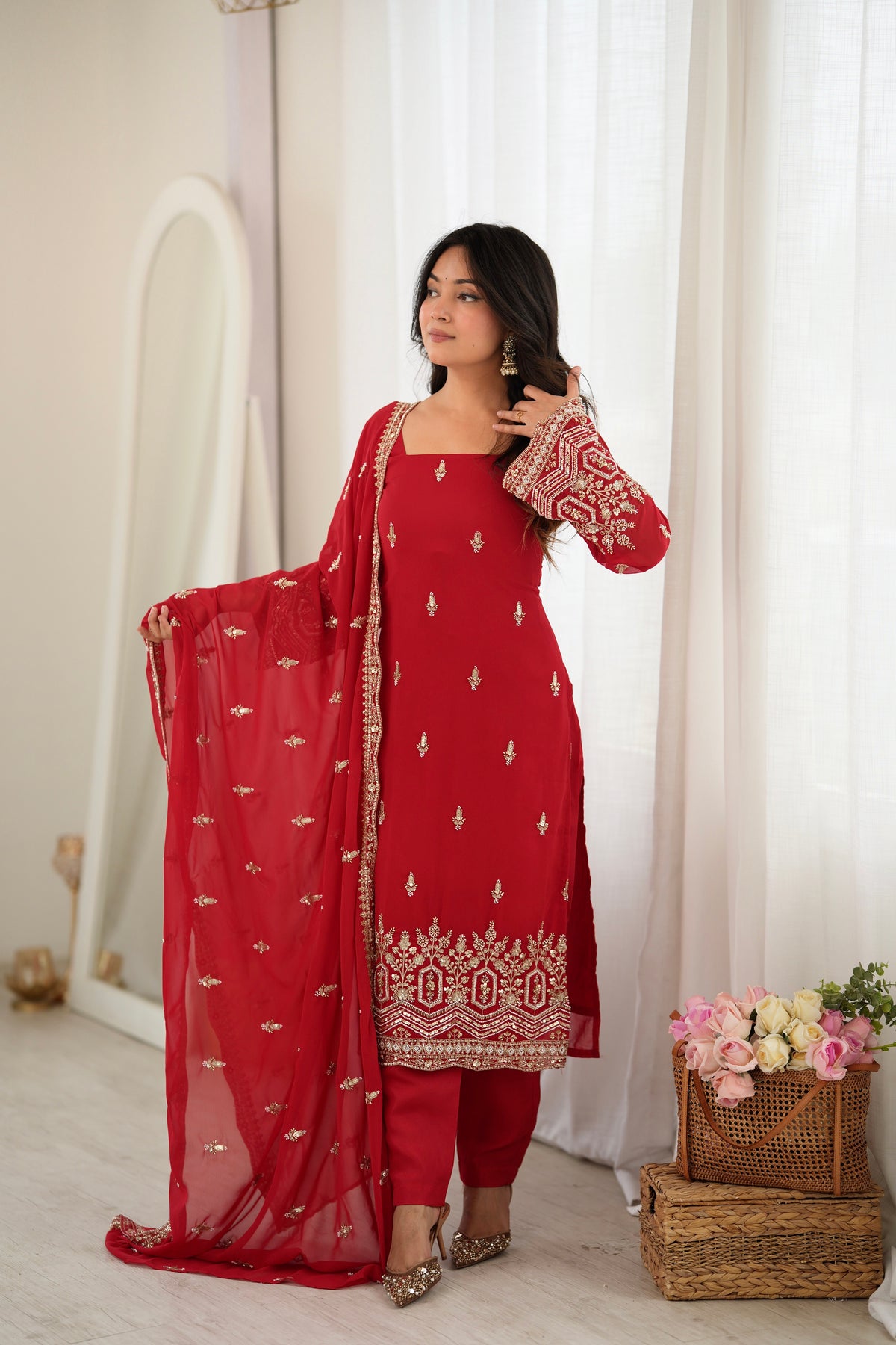 Red Georgette Beaded Embroidered Women’s Ethnic Suit Set