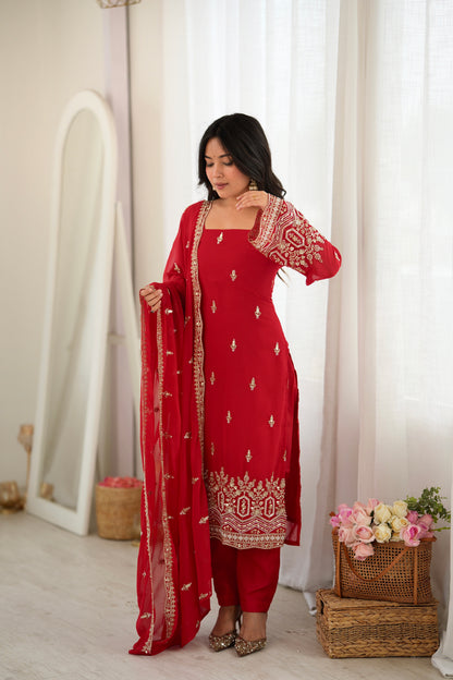 Red Georgette Beaded Embroidered Women’s Ethnic Suit Set