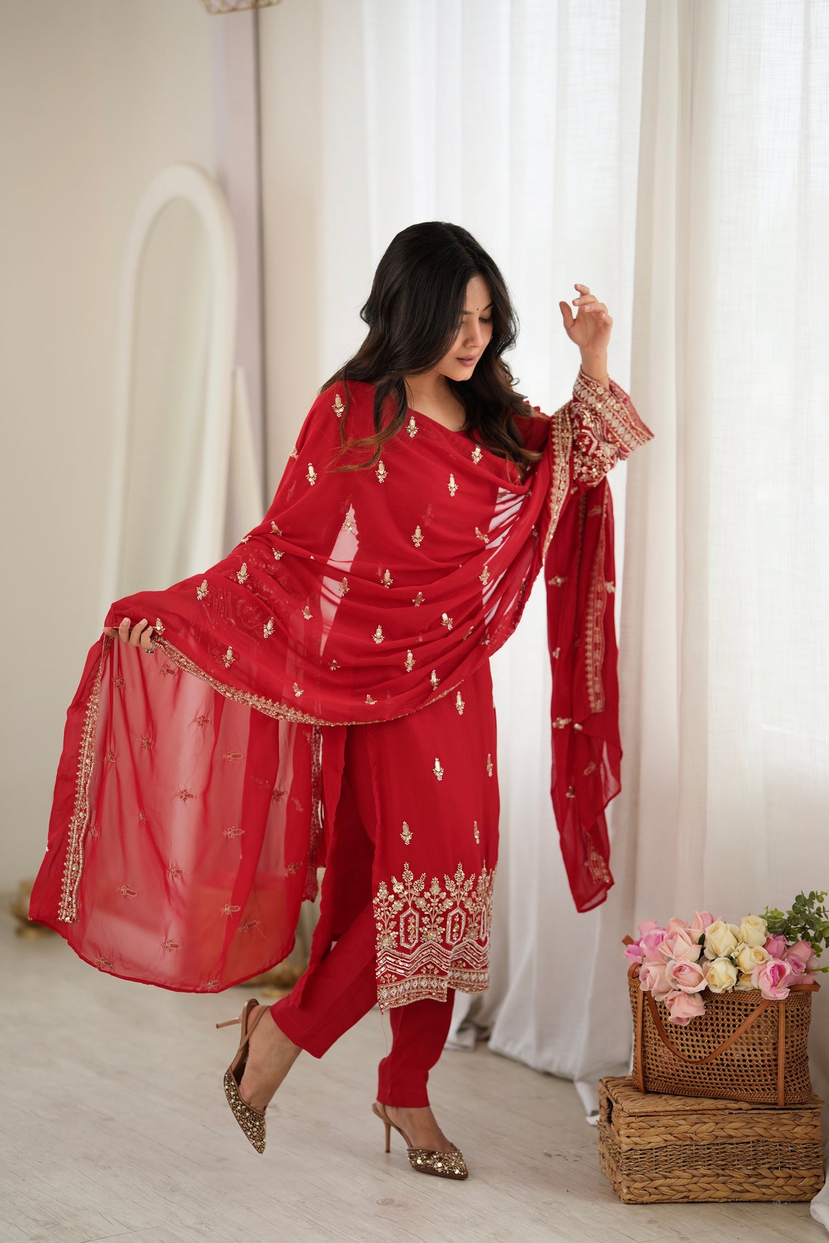 Red Georgette Beaded Embroidered Women’s Ethnic Suit Set
