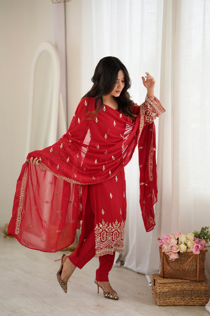 Red Georgette Beaded Embroidered Women’s Ethnic Suit Set