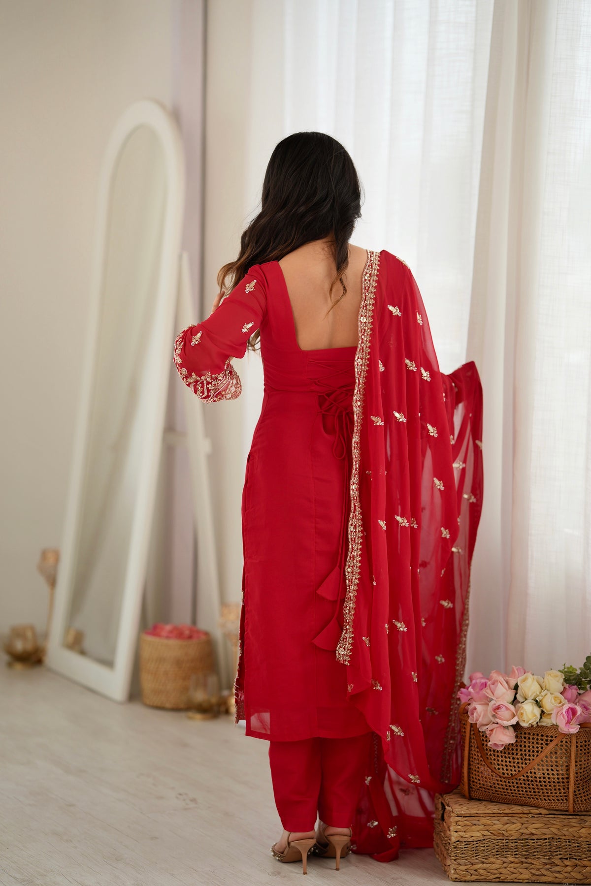 Red Georgette Beaded Embroidered Women’s Ethnic Suit Set