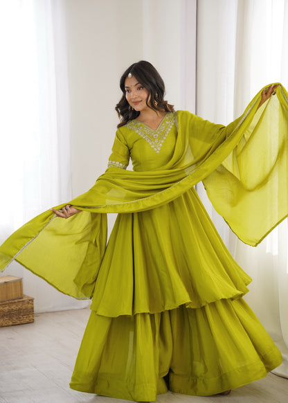 Lime Green Chinon Silk Embroidered Palazzo Suit with Dupatta