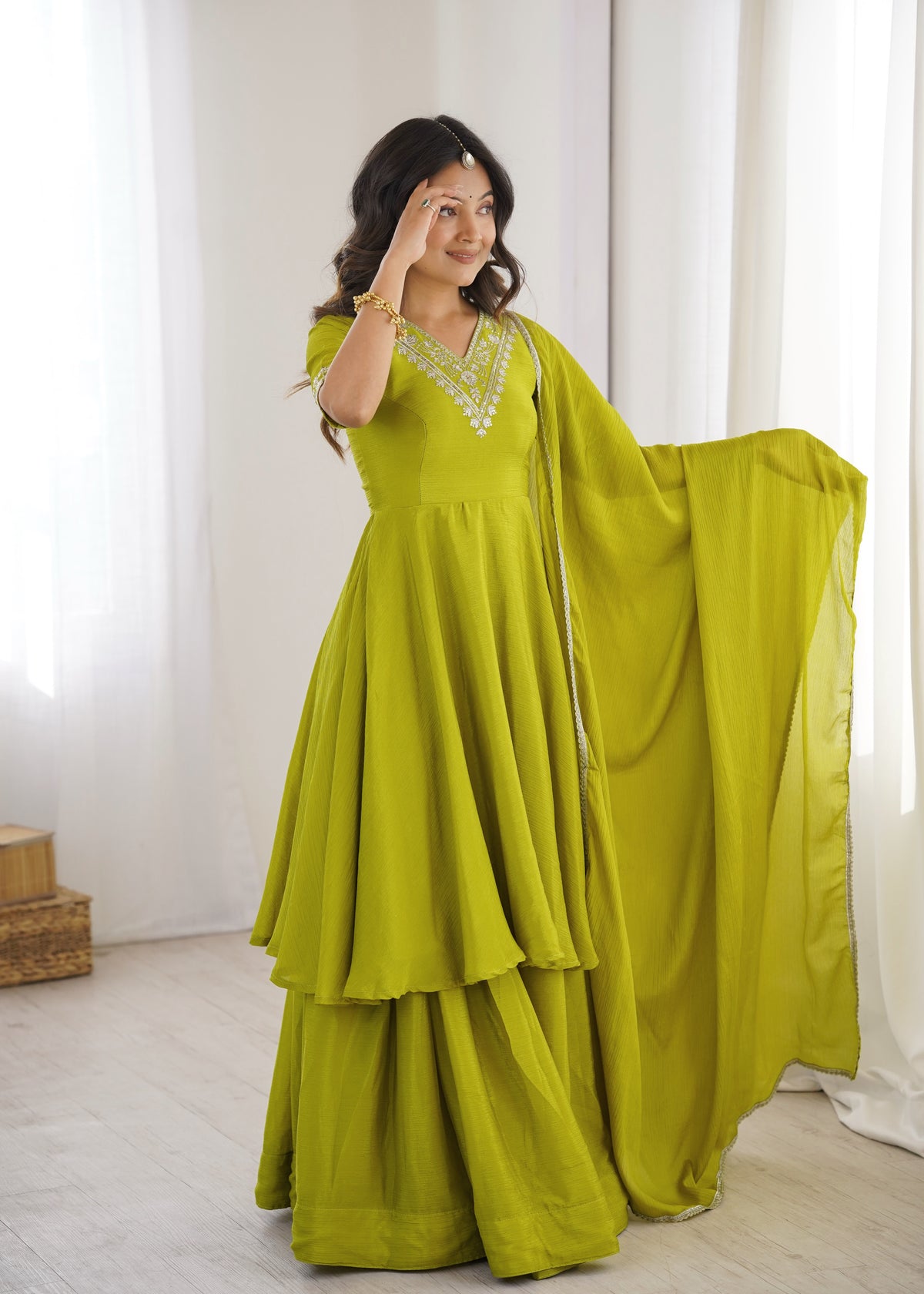 Lime Green Chinon Silk Embroidered Palazzo Suit with Dupatta