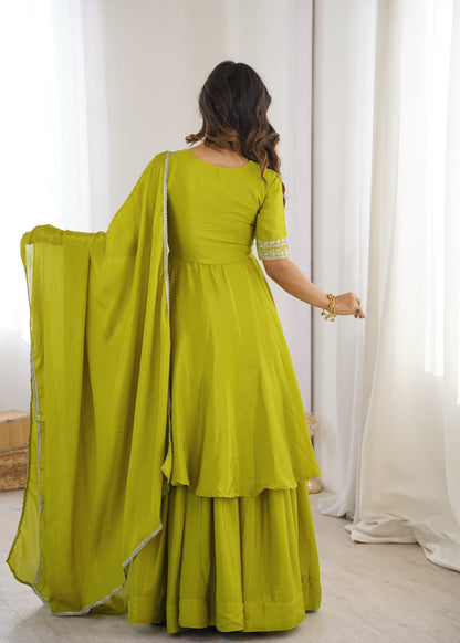 Lime Green Chinon Silk Embroidered Palazzo Suit with Dupatta