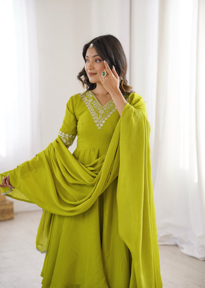 Lime Green Chinon Silk Embroidered Palazzo Suit with Dupatta