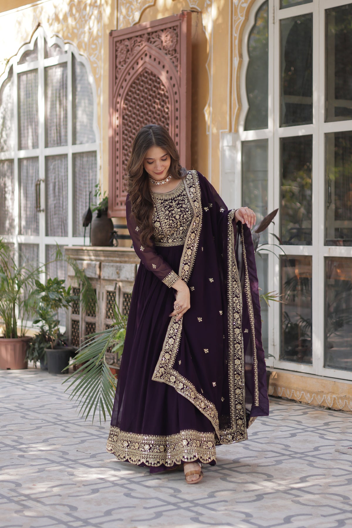 Royal Wine Georgette Anarkali Heavy Suit Set
