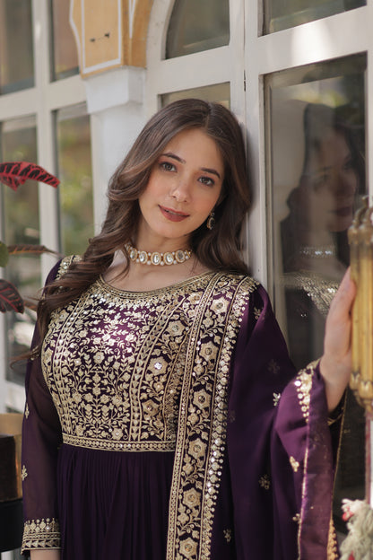 Royal Wine Georgette Anarkali Heavy Suit Set