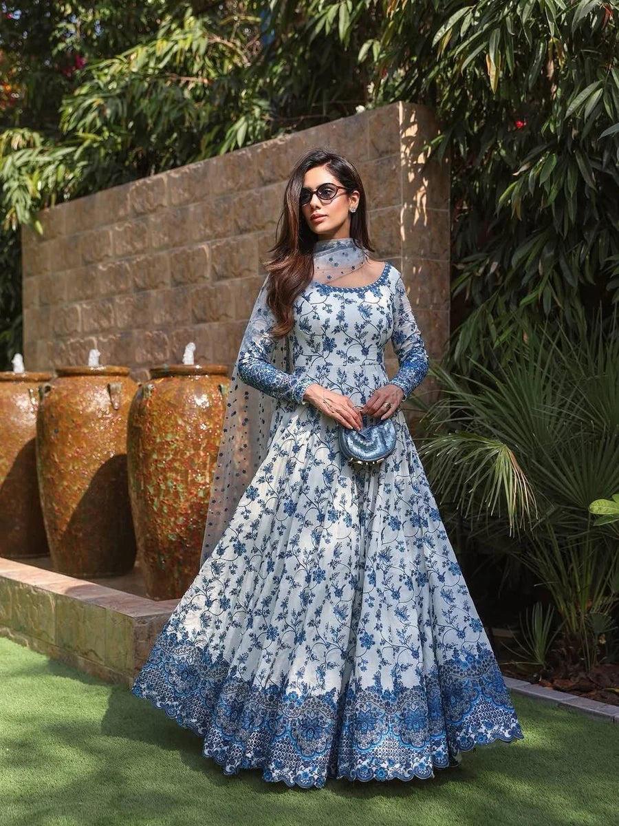 Krishva's Exclusive Blue Floral Organza Anarkali Suit Set