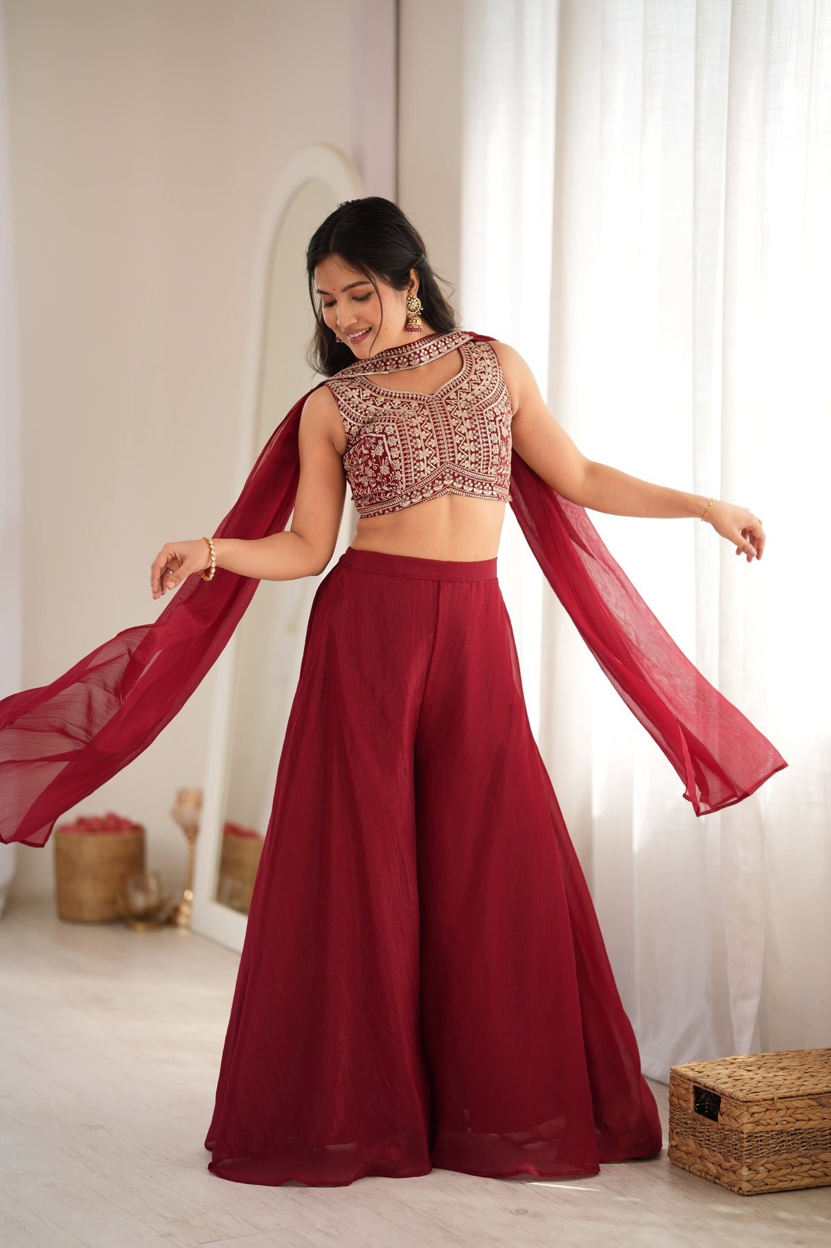 Designer Indo-Western Crunchy Silk Crop Top Palazzo Set With Neck Belt Dupatta