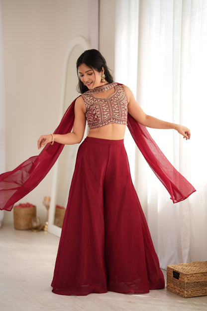 Designer Indo-Western Crunchy Silk Crop Top Palazzo Set With Neck Belt Dupatta