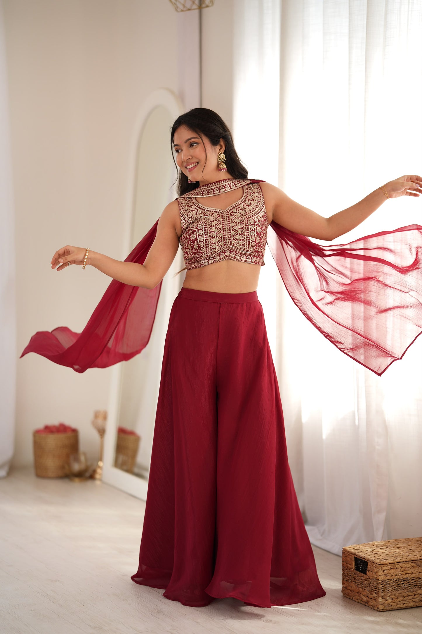 Designer Indo-Western Crunchy Silk Crop Top Palazzo Set With Neck Belt Dupatta