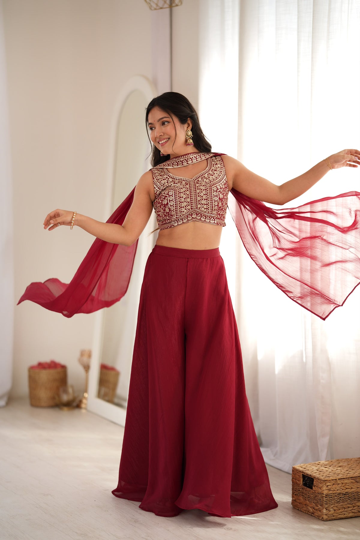 Designer Indo-Western Crunchy Silk Crop Top Palazzo Set With Neck Belt Dupatta